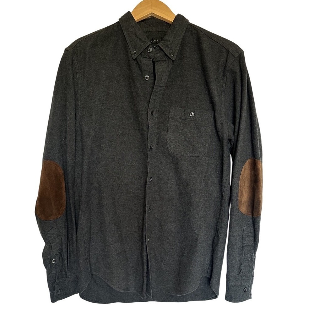 Mens J Crew Gray Cotton Button Down Elbow Flannel Shirt‎ Size Medium Cabincore